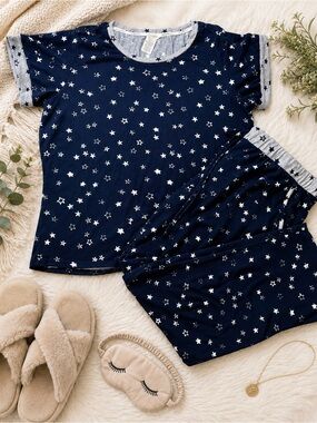 Lucky Brand Women’s Navy Star Print Pajama Set Short Sleeve Top & Shorts